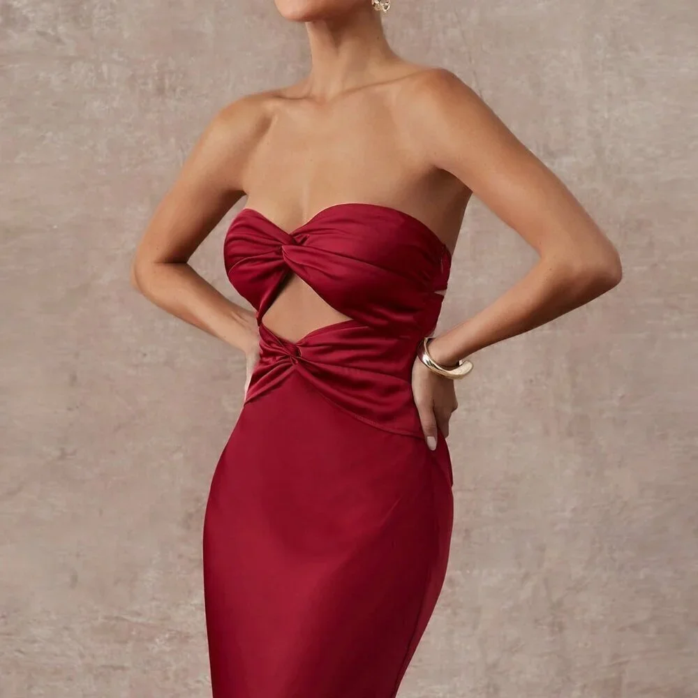 Burgundy Elegant Party Women's Twisted Tube Top Satin Graduation Dress - Picture 6 of 7